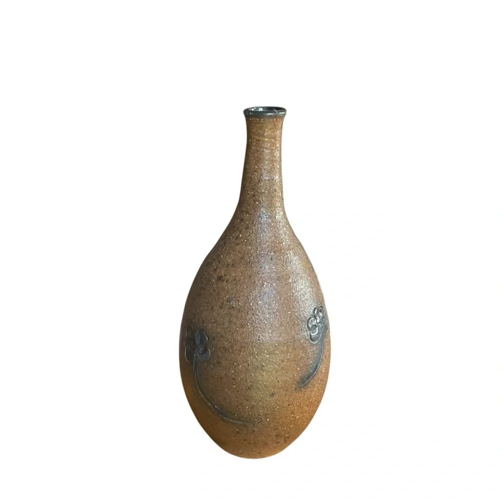Hand Crafted Brown Vase with Black Floral Design